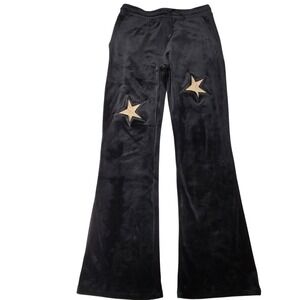Paris Hilton Womens Black Velour Star Patch Cutout Wide Leg Pants Size M Y2K
